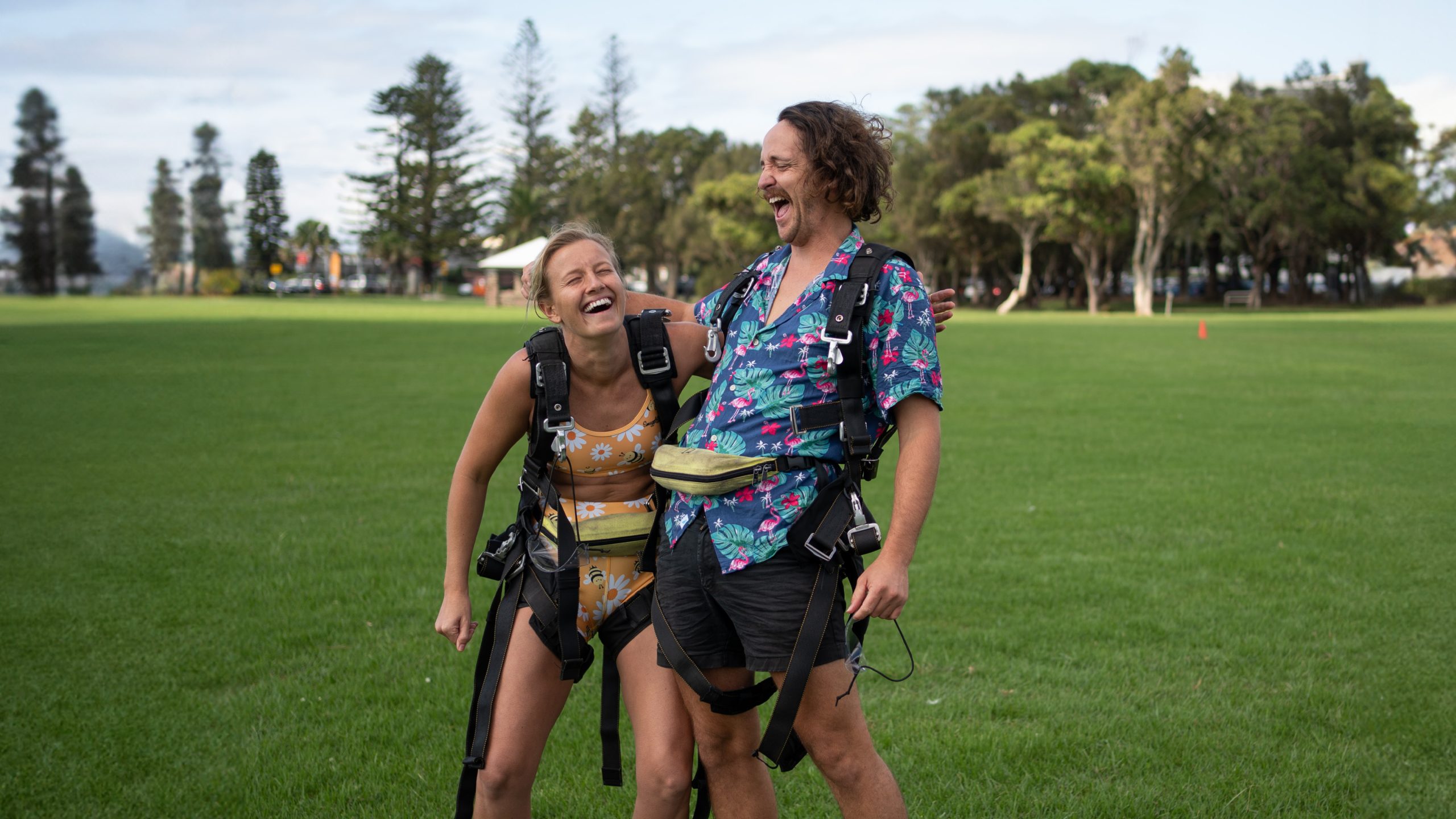 Friends laughing after a skydive!